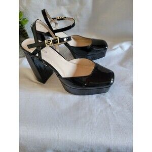 Bebe Women’s Chunky High Heel Shiney Black Ankle Strap Sz  8 Gold Buckle